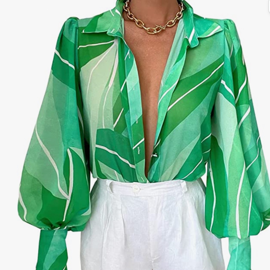 Women Puff Long Sleeve Blouses Cover Up Beach Shirt Bathing Suit Button Down Col